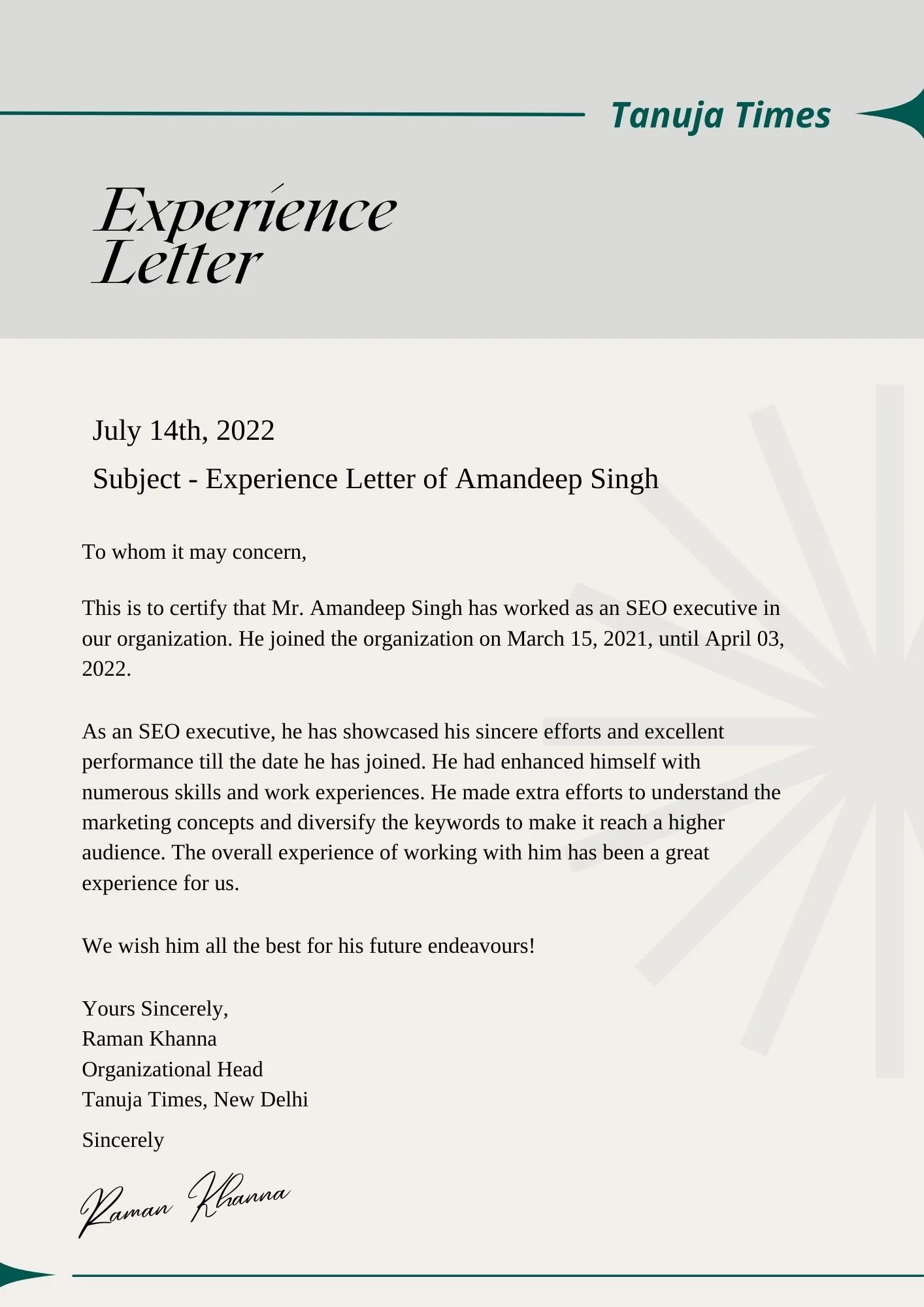 Sample Experience Letter Seo Executive