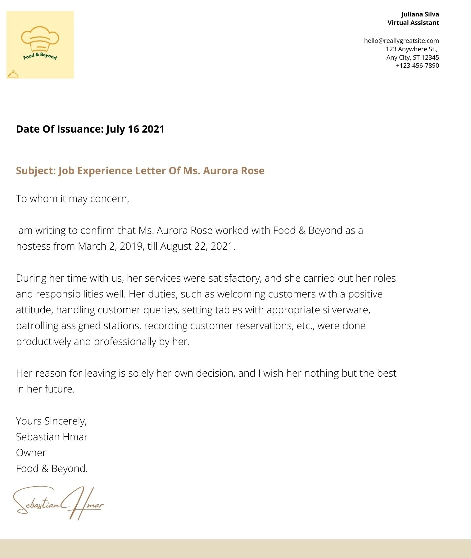 Sample Experience Letter Tourism and Hospitality